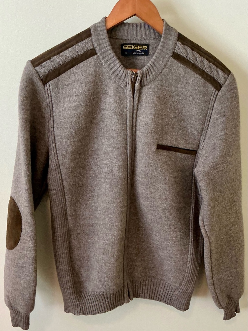 Geiger Men's Taupe Boiled Wool and Suede Full Zip-Up Sweater with Suede Accents